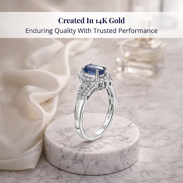 Luxoro 14K White Gold AAA Ceylon Blue Sapphire And G-H I2 Diamond Sunburst Ring 1.30 Ctw