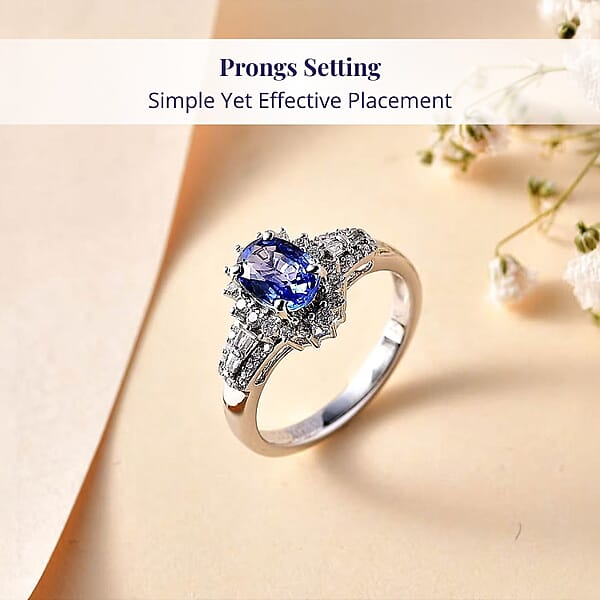 Luxoro 14K White Gold AAA Ceylon Blue Sapphire And G-H I2 Diamond Sunburst Ring 1.30 Ctw