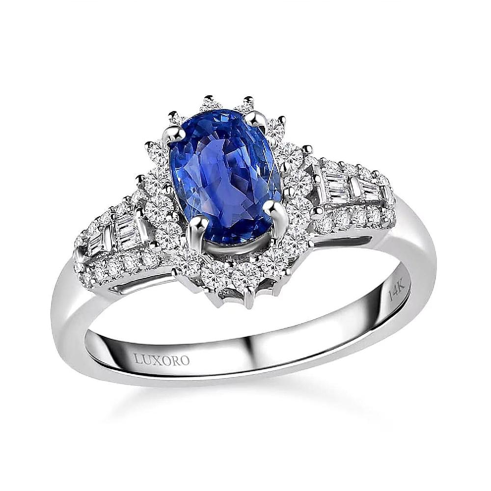 Luxoro 14K White Gold AAA Ceylon Blue Sapphire and G-H I2 Diamond Sunburst Ring 1.30 ctw