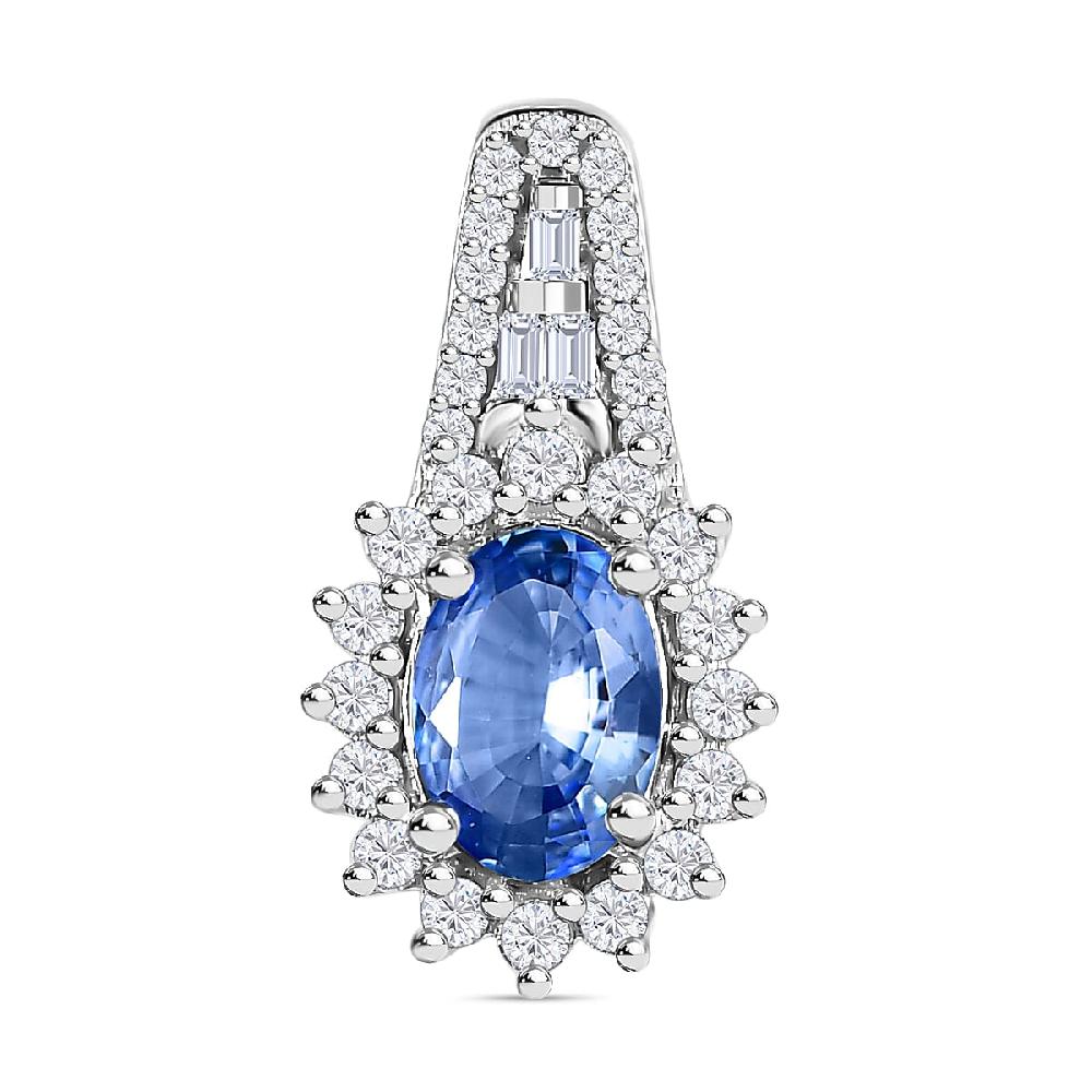 Luxoro 14K White Gold AAA Ceylon Blue Sapphire and G-H I2 Diamond Sunburst Pendant without Chain 1.25 ctw