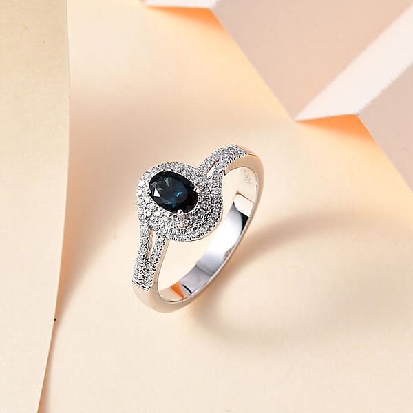 Luxoro 14K White Gold AAA Monte Belo Indicolite And G-H I2 Diamond Ring 4.35 Grams 1.00 Ctw