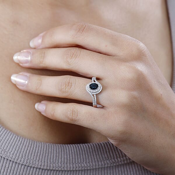 Luxoro 14K White Gold AAA Monte Belo Indicolite And G-H I2 Diamond Ring 4.35 Grams 1.00 Ctw