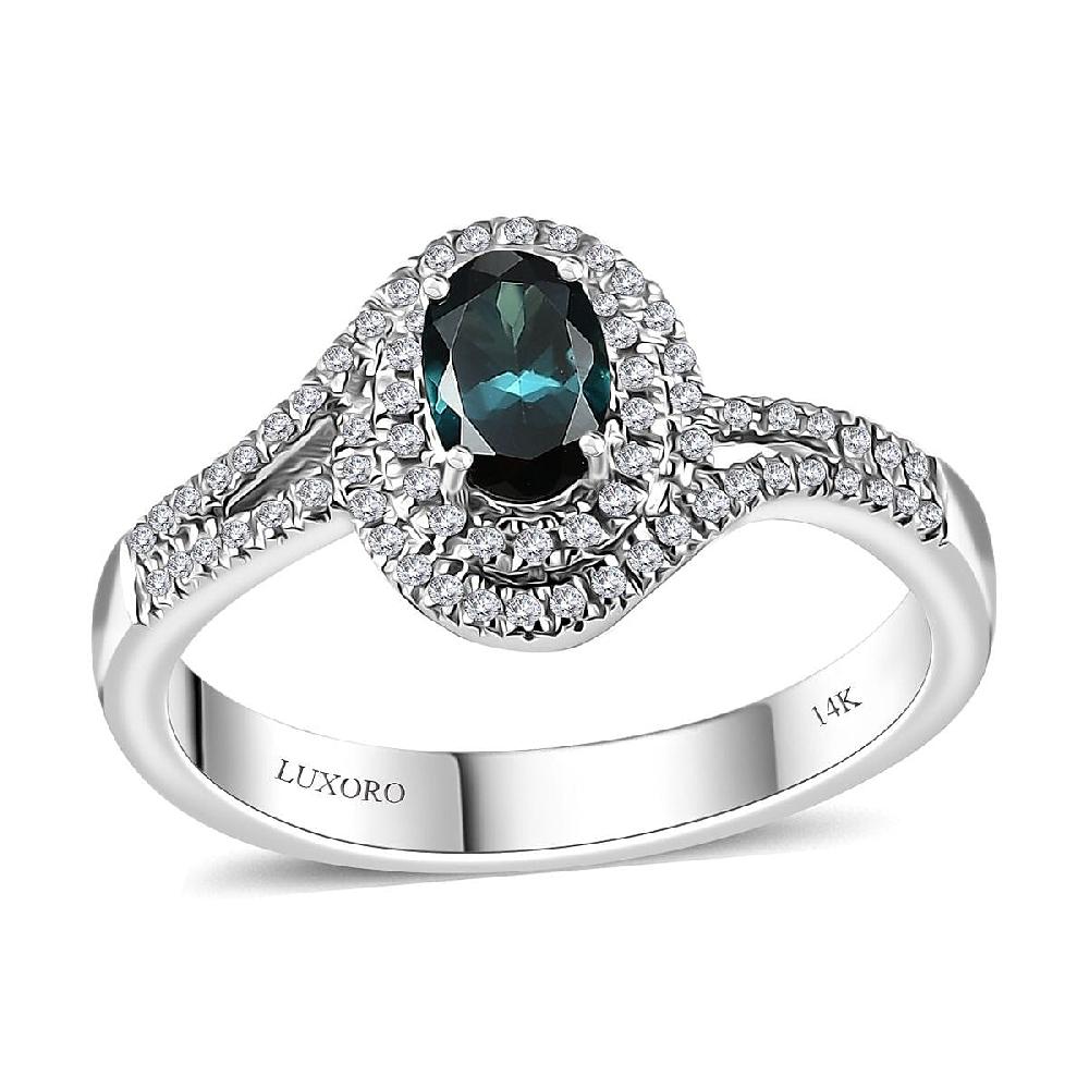 Luxoro 14K White Gold AAA Monte Belo Indicolite and G-H I2 Diamond Ring 4.35 Grams 1.00 ctw
