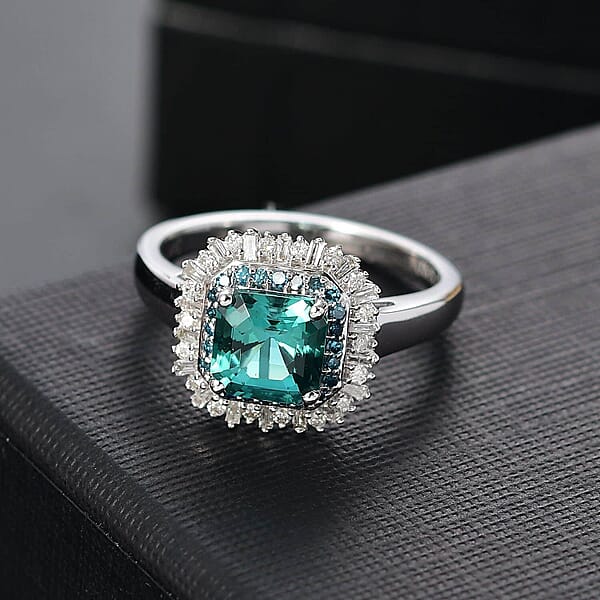 Luxoro 14K White Gold AAA Pirineu Lagoon Tourmaline Blue Diamond (IR) Diamond (I1-I2) (0.35 Cts) Ocean Mirage Ring 1.90 Ctw