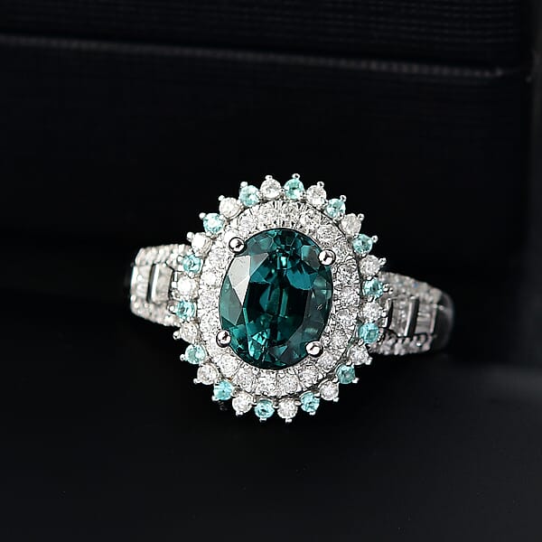 Luxoro 14K White Gold AAA Pirineu Lagoon Tourmaline Paraiba Tourmaline Diamond (G-H I2) (0.77 Cts) Ring (5.90 G) 3.30 Ctw