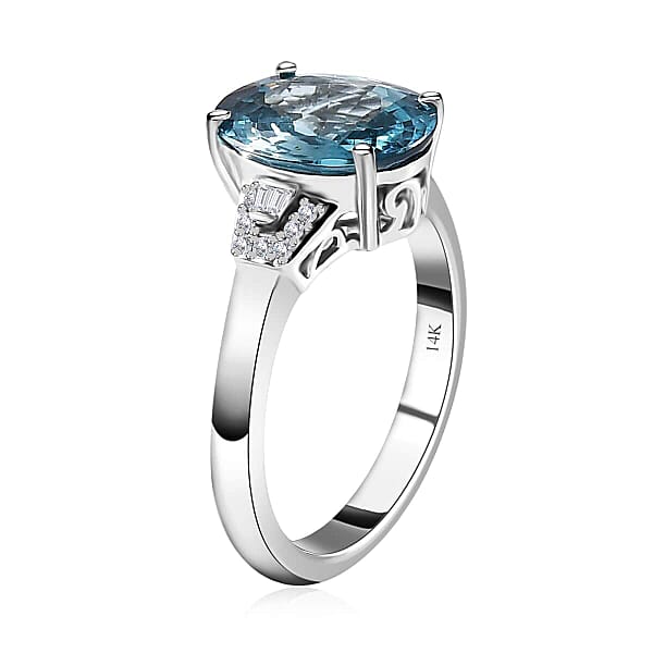 Luxoro 14K White Gold AAA Ratanakiri Blue Zircon And Diamond G-H I3 Ring 5.25 Ctw