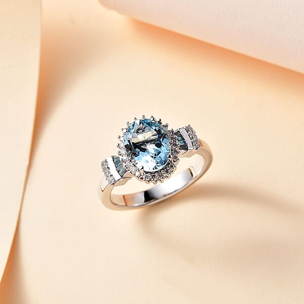 Luxoro 14K White Gold AAA Santa Maria Aquamarine And I2-I3 Venice Blue And White Diamond Ring 4.40 Grams 1.85 Ctw
