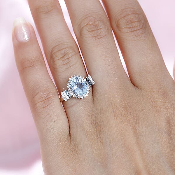 Luxoro 14K White Gold AAA Santa Maria Aquamarine And I2-I3 Venice Blue And White Diamond Ring 4.40 Grams 1.85 Ctw