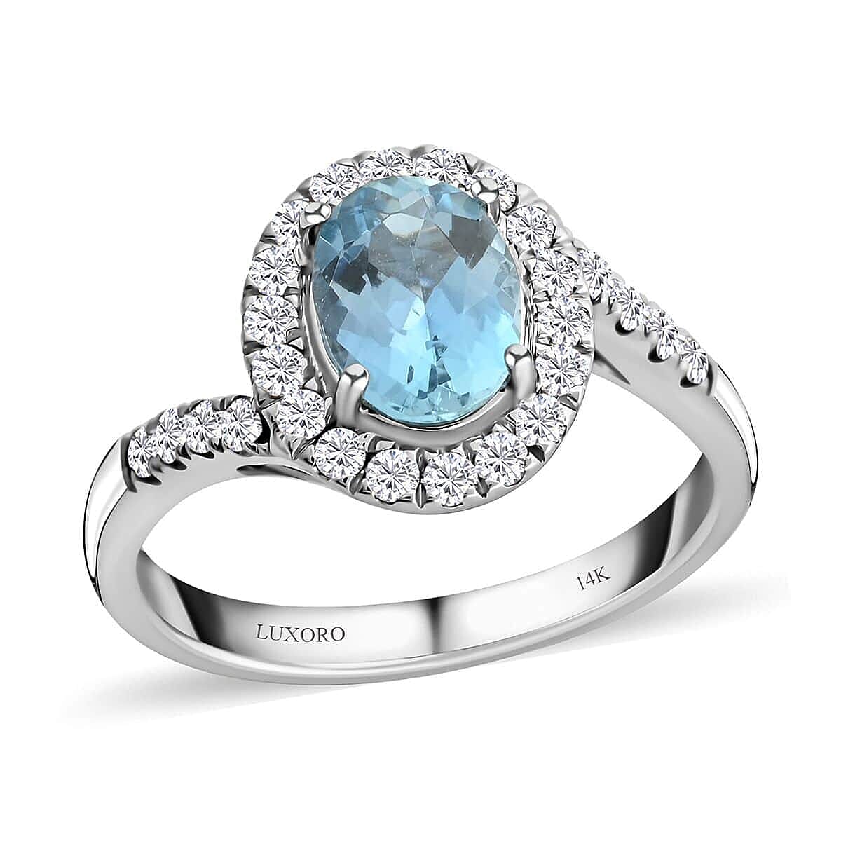 Luxoro 14K White Gold AAA Santa Maria Aquamarine and G-H I2 Diamond Ring 4.10 Grams 1.50 ctw