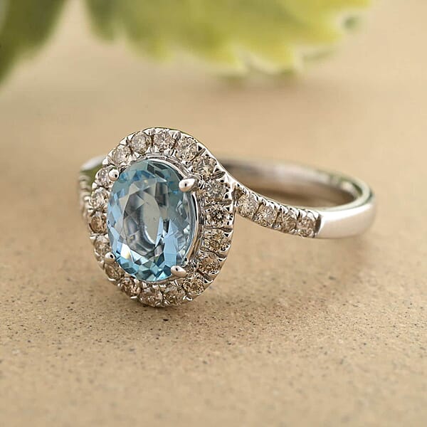 Luxoro 14K White Gold AAA Santa Maria Aquamarine And G-H I2 Diamond Ring 4.10 Grams 1.50 Ctw