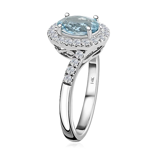 Luxoro 14K White Gold AAA Santa Maria Aquamarine And G-H I2 Diamond Ring 4.10 Grams 1.50 Ctw