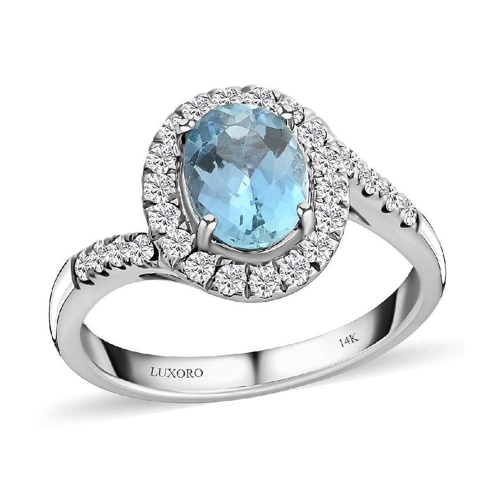 Luxoro 14K White Gold AAA Santa Maria Aquamarine and G-H I2 Diamond Ring 4.10 Grams 1.50 ctw