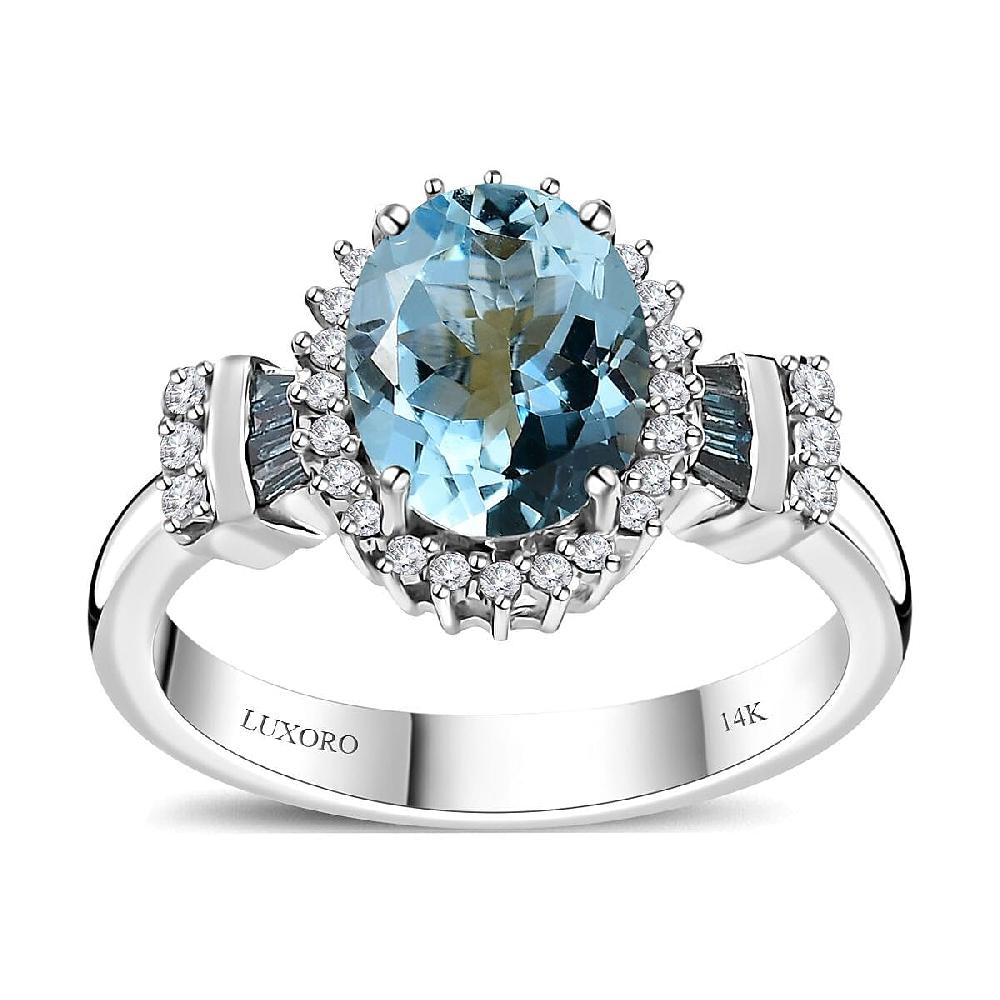Luxoro 14K White Gold AAA Santa Maria Aquamarine and I2-I3 Venice Blue and White Diamond Ring 4.40 Grams 1.85 ctw