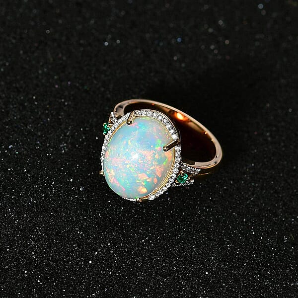 Luxoro 14K Yellow Gold AAA Ethiopian Welo Opal AAAA Boyaca Colombian Emerald And G-H I2 Diamond Halo Ring 5.65 Grams 5.85 Ctw