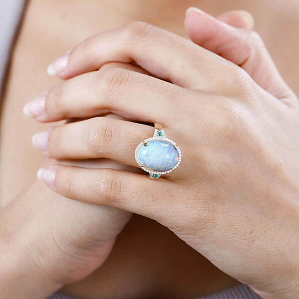 Luxoro 14K Yellow Gold AAA Ethiopian Welo Opal AAAA Boyaca Colombian Emerald And G-H I2 Diamond Halo Ring 5.65 Grams 5.85 Ctw