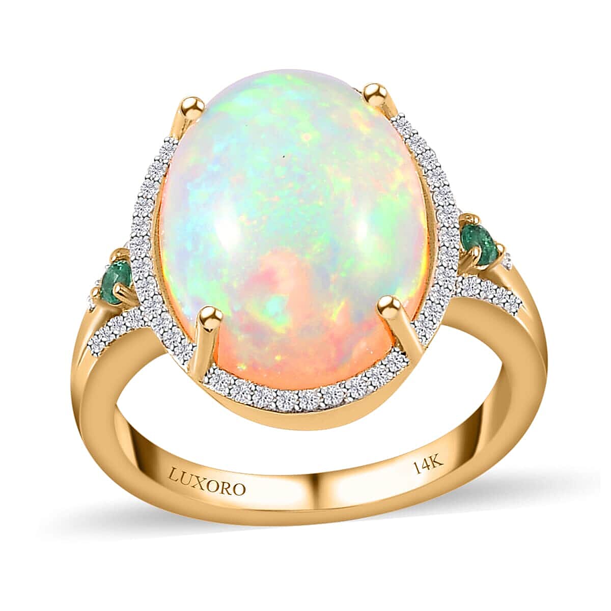 Luxoro 14K Yellow Gold AAA Ethiopian Welo Opal AAAA Boyaca Colombian Emerald and G-H I2 Diamond Halo Ring 5.65 Grams 5.85 ctw