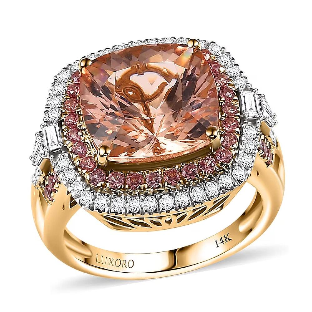 Luxoro 14K Yellow Gold AAA Marropino Morganite Padparadscha Sapphire and White Diamond (I2) Classic Halo Ring 7.80 ctw