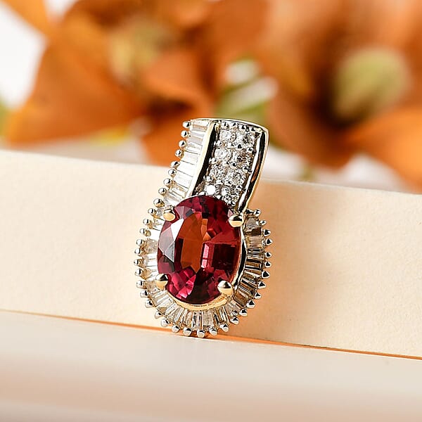 Luxoro 14K Yellow Gold AAA Ouro Fino Rubellite And G-H I2 Diamond Pendant Without Chain 1.65 Ctw
