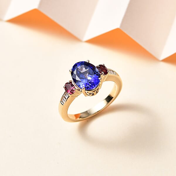 Luxoro 14K Yellow Gold AAA Tanzanite And Ouro Fino Rubellite G-H I2 Diamond Ring 3.75 Ctw