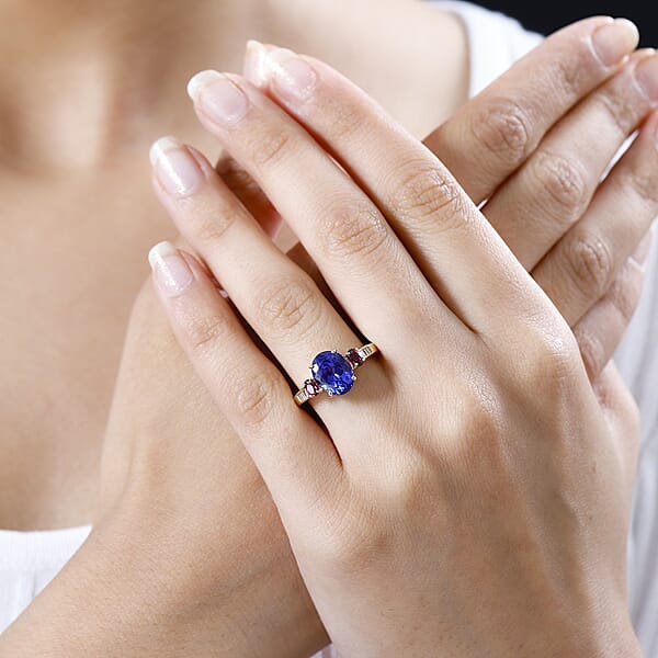 Luxoro 14K Yellow Gold AAA Tanzanite And Ouro Fino Rubellite G-H I2 Diamond Ring 3.75 Ctw