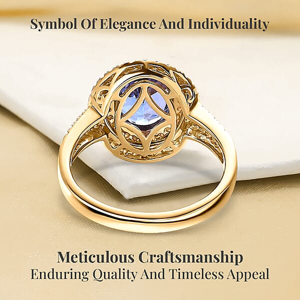Luxoro 14K Yellow Gold AAA Tanzanite I2-I3 Natural Yellow And White Diamond Double Halo Ring 2.75 Ctw