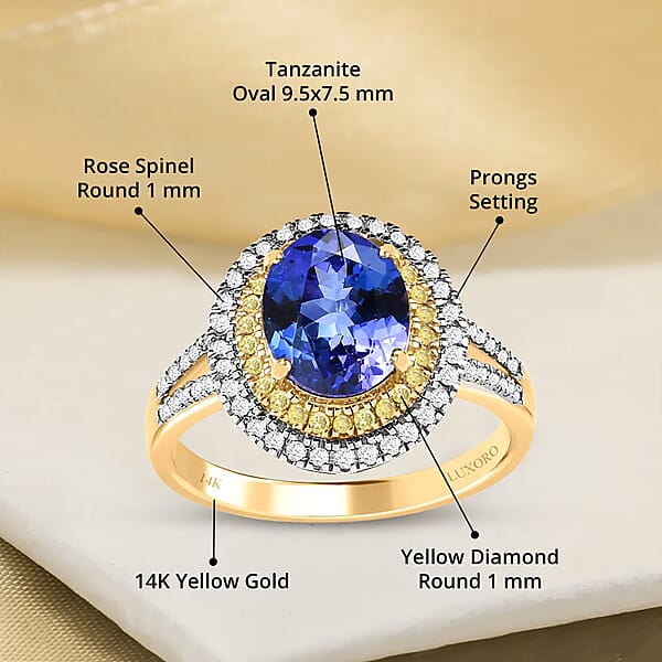 Luxoro 14K Yellow Gold AAA Tanzanite I2-I3 Natural Yellow And White Diamond Double Halo Ring 2.75 Ctw