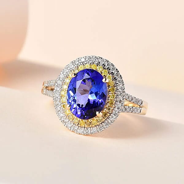Luxoro 14K Yellow Gold AAA Tanzanite I2-I3 Natural Yellow And White Diamond Double Halo Ring 2.75 Ctw
