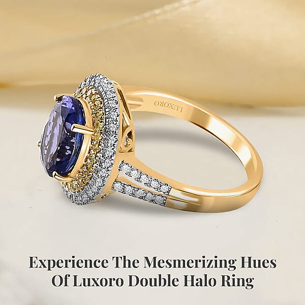 Luxoro 14K Yellow Gold AAA Tanzanite I2-I3 Natural Yellow And White Diamond Double Halo Ring 2.75 Ctw
