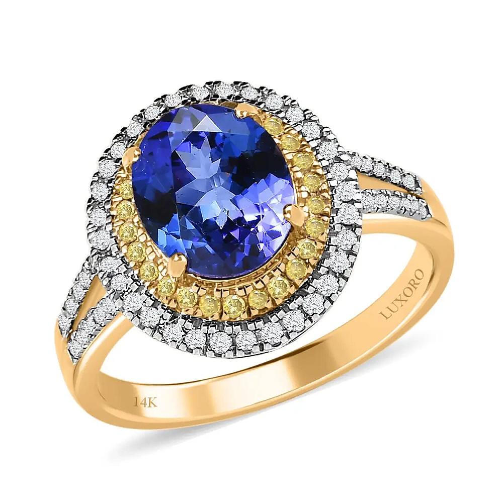 Luxoro 14K Yellow Gold AAA Tanzanite I2-I3 Natural Yellow and White Diamond Double Halo Ring 2.75 ctw