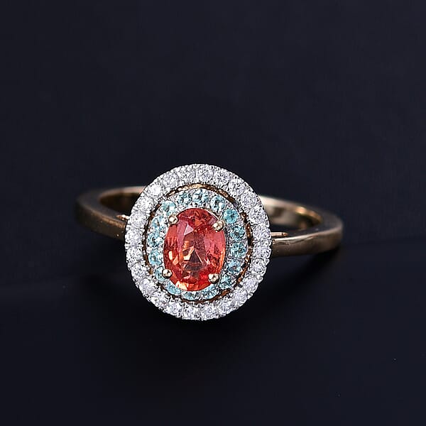 Luxoro 14K Yellow Gold AAAA Padparadscha Sapphire Paraiba Tourmaline And Diamond (G-H I2) (0.22 Cts) Ring 1.60 Ctw