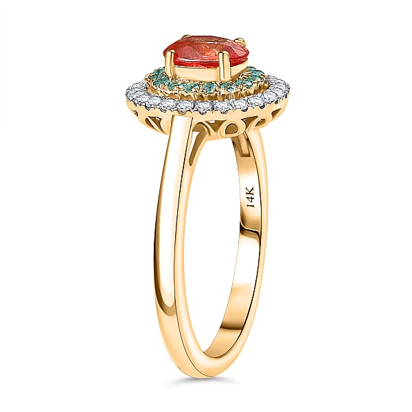 Luxoro 14K Yellow Gold AAAA Padparadscha Sapphire Paraiba Tourmaline And Diamond (G-H I2) (0.22 Cts) Ring 1.60 Ctw