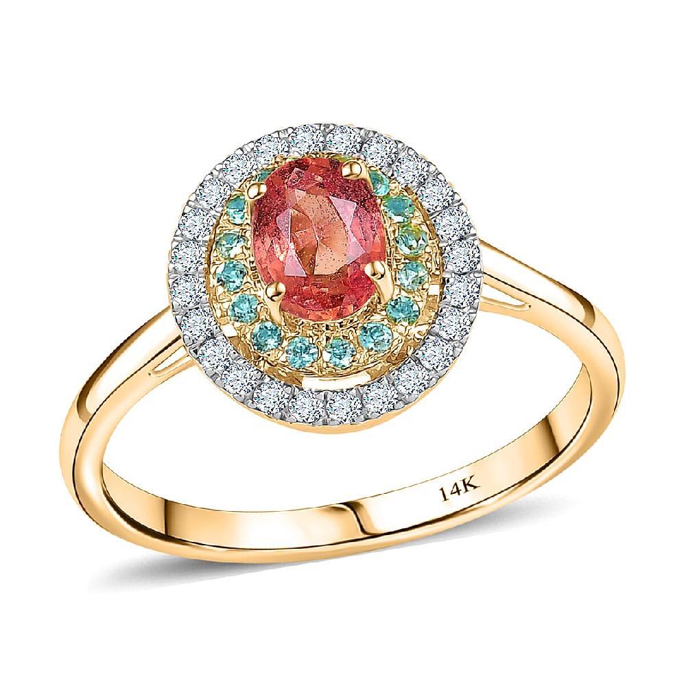 Luxoro 14K Yellow Gold AAAA Padparadscha Sapphire Paraiba Tourmaline and Diamond (G-H I2) (0.22 cts) Ring 1.60 ctw