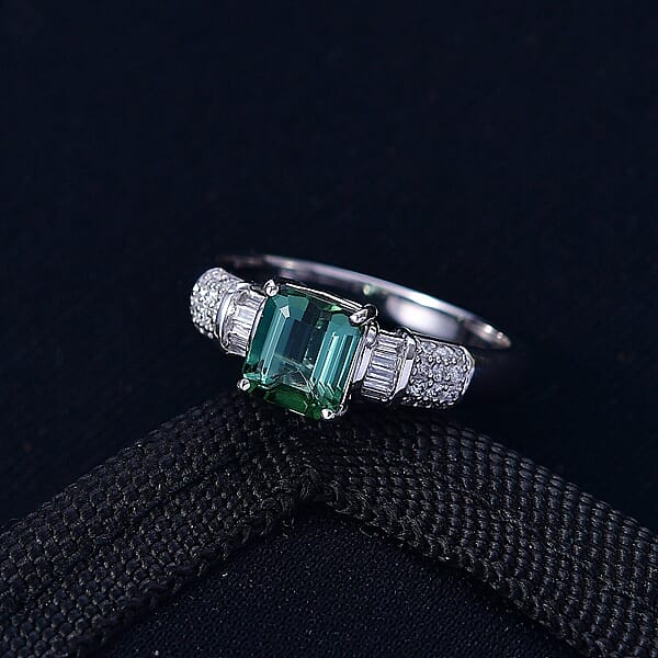 Luxoro AAA Arquiana Mint Tourmaline And Diamond I2 1.65 Ctw Mint Deco Ring In 10K White Gold