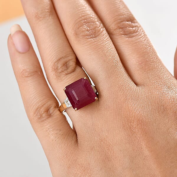 Luxoro AAA Asscher Cut Niassa Ruby FF And I2 Diamond 13.60 Ctw Antique Greek Key Ring In 10K Yellow Gold