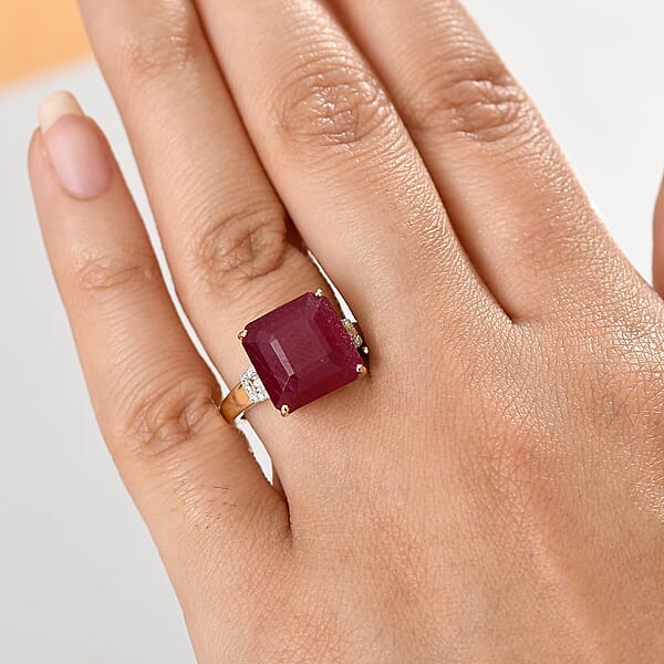 Luxoro AAA Asscher Cut Niassa Ruby FF And I2 Diamond 13.60 Ctw Antique Greek Key Ring In 10K Yellow Gold
