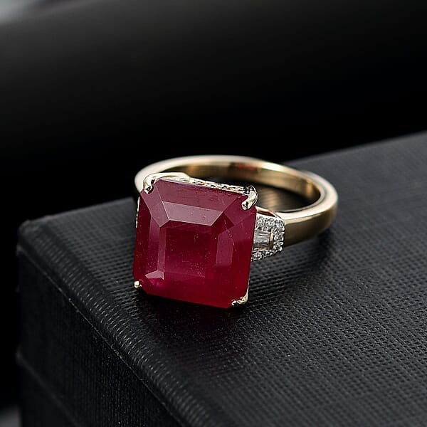 Luxoro AAA Asscher Cut Niassa Ruby FF And I2 Diamond 13.60 Ctw Antique Greek Key Ring In 10K Yellow Gold