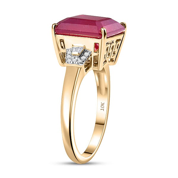 Luxoro AAA Asscher Cut Niassa Ruby FF And I2 Diamond 13.60 Ctw Antique Greek Key Ring In 10K Yellow Gold