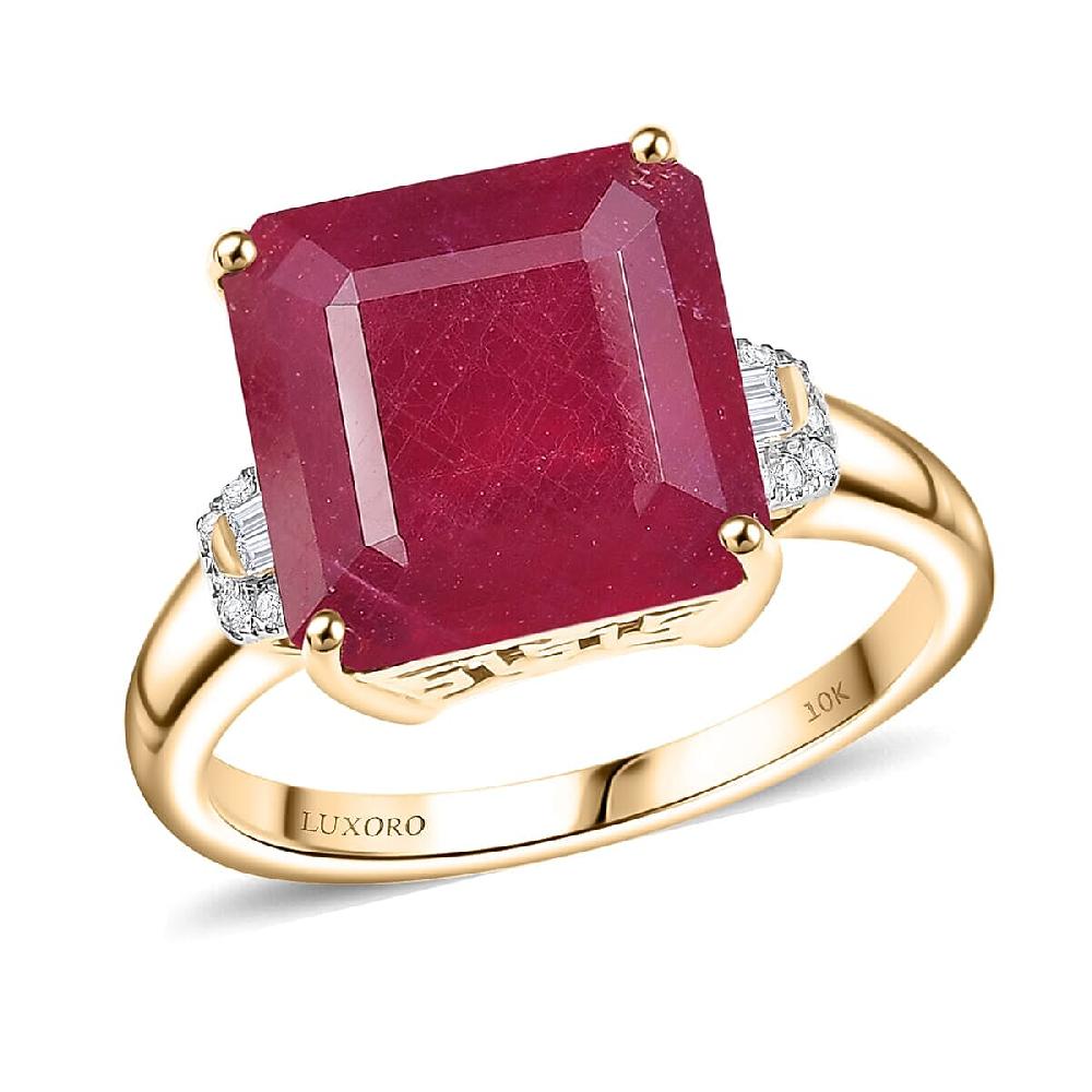 Luxoro AAA Asscher Cut Niassa Ruby FF and I2 Diamond 13.60 ctw Antique Greek Key Ring in 10K Yellow Gold
