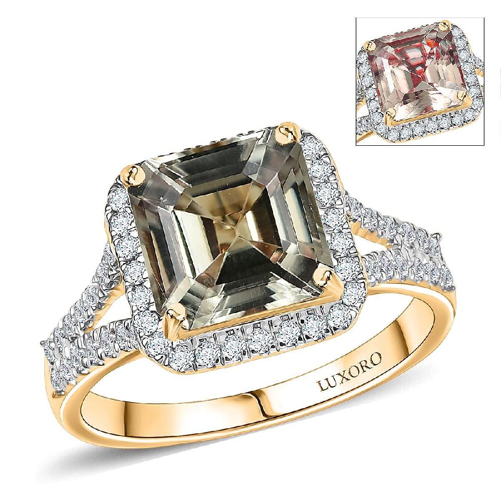 Luxoro AAA Asscher Cut Turkizite Diamond Ring in 14K Yellow Gold 4.68 ctw