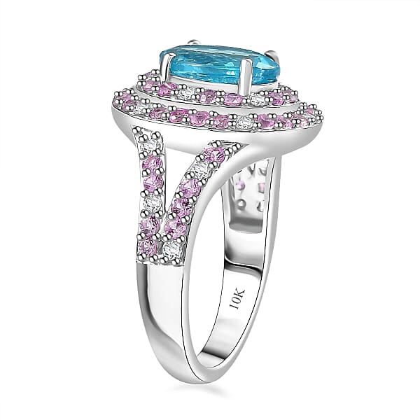 Luxoro AAA Betroka Blue Apatite Madagascar Pink Sapphire And White Diamond I2 3.10 Ctw Double Halo Ring In 10K White Gold