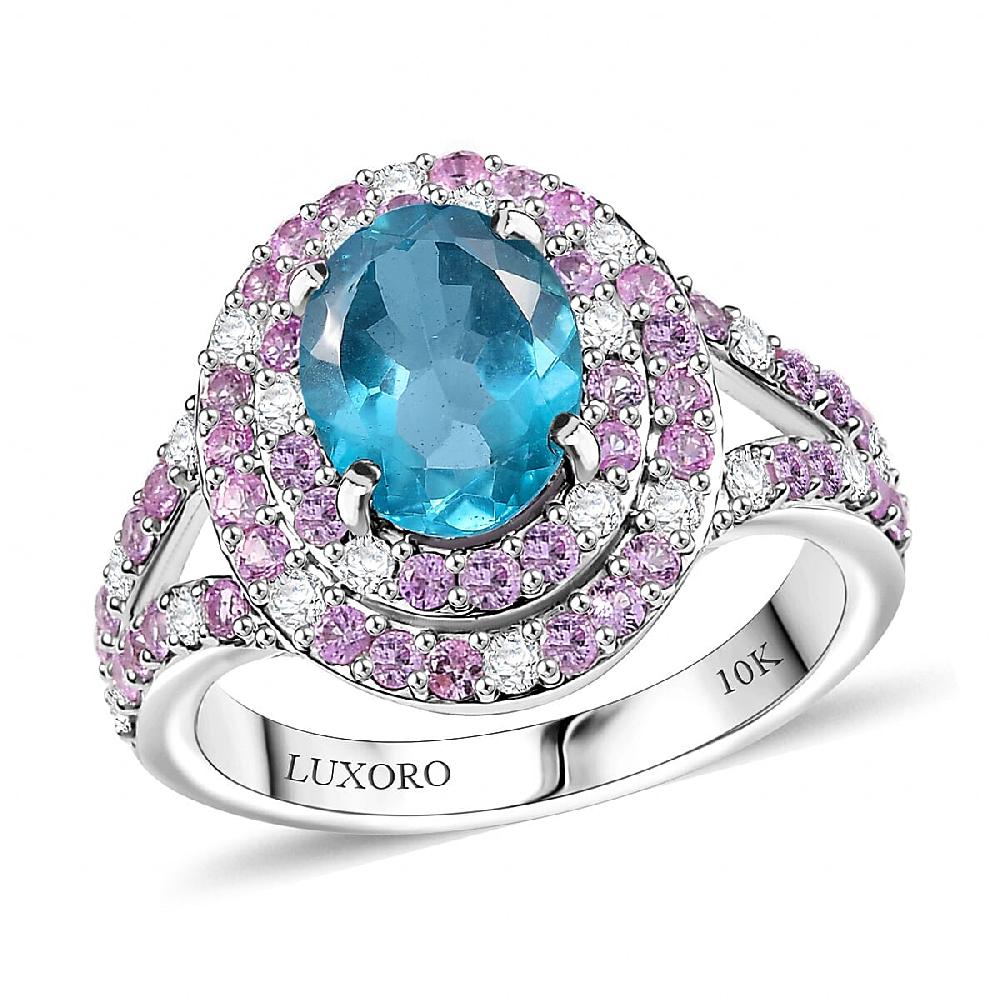 Luxoro AAA Betroka Blue Apatite Madagascar Pink Sapphire and White Diamond I2 3.10 ctw Double Halo Ring in 10K White Gold