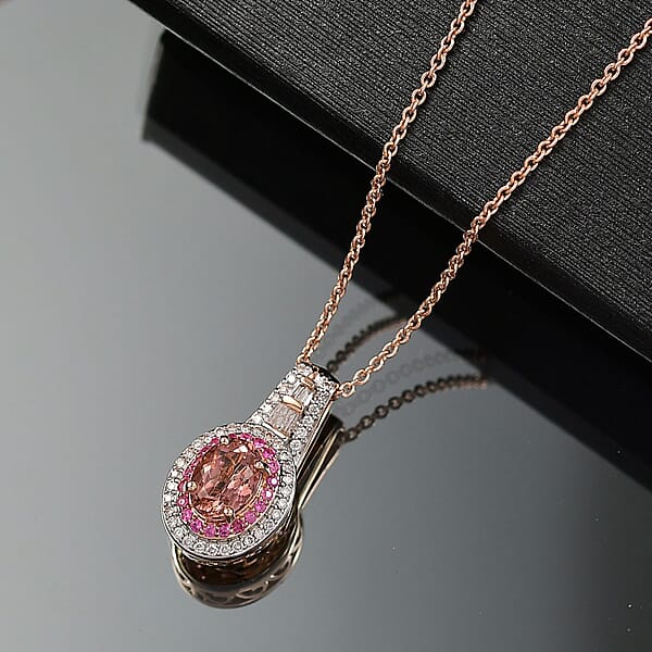 Luxoro AAA Blush Tourmaline Pink Sapphire And I2 Diamond 1.25 Ctw Blush Majesty Pendant Necklace 20 Inches In 10K Rose Gold