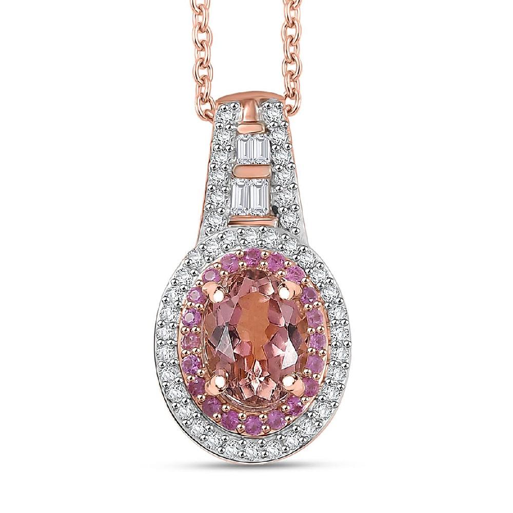 Luxoro AAA Blush Tourmaline Pink Sapphire and I2 Diamond 1.25 ctw Blush Majesty Pendant Necklace 20 Inches in 10K Rose Gold