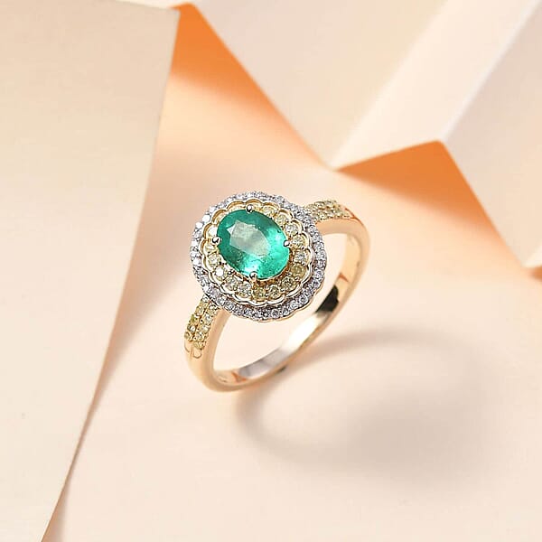 Luxoro AAA Boyaca Colombian Emerald I2 Yellow And White Diamond 1.75 Ctw Ring In 14K Yellow Gold 4.65 Grams