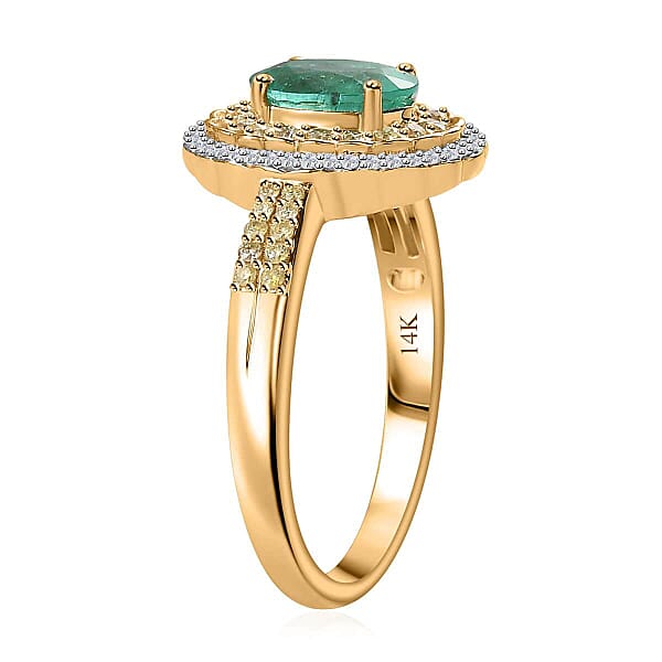 Luxoro AAA Boyaca Colombian Emerald I2 Yellow And White Diamond 1.75 Ctw Ring In 14K Yellow Gold 4.65 Grams