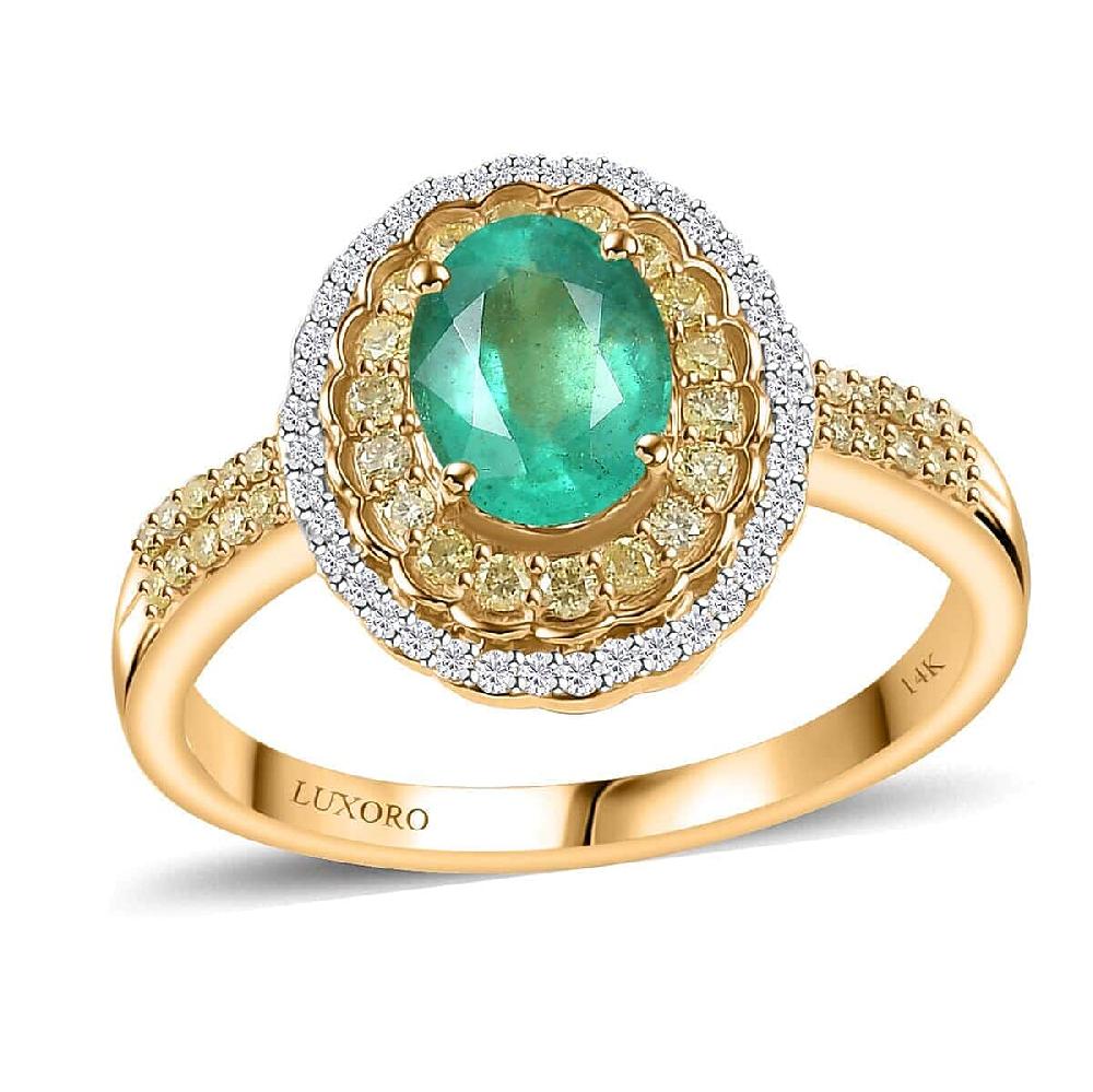 Luxoro AAA Boyaca Colombian Emerald I2 Yellow and White Diamond 1.75 ctw Ring in 14K Yellow Gold 4.65 Grams