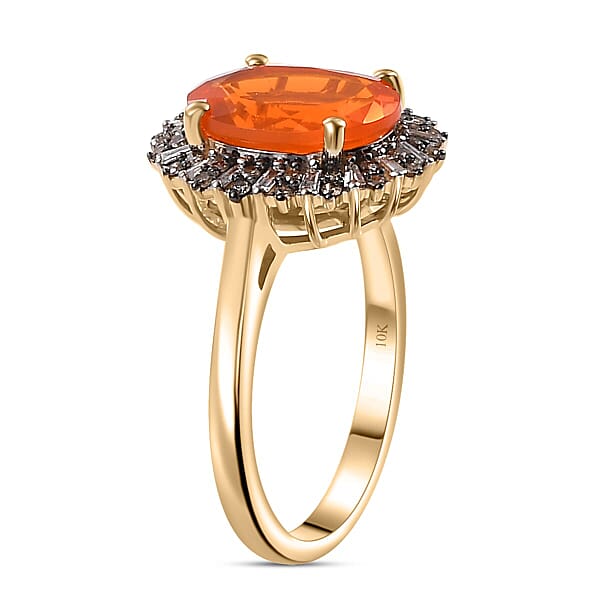 Luxoro AAA Buriti Fire Opal Natural Champagne And White Diamond I2 2.80 Ctw Sunburst Ring In 10K Yellow Gold (Del. In 10-12 Days)