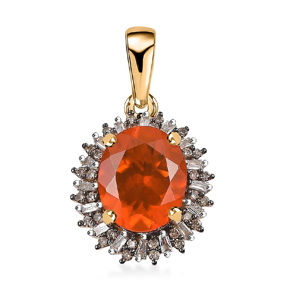 Luxoro AAA Buriti Fire Opal Natural Champagne and White Diamond I2 2.00 ctw Sunburst Pendant without Chain in 10K Yellow Gold
