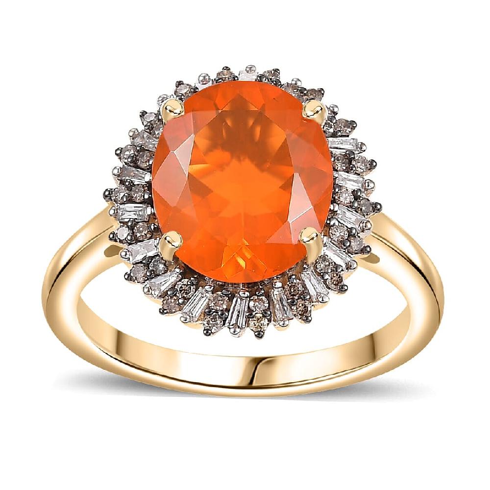 Luxoro AAA Buriti Fire Opal Natural Champagne and White Diamond I2 2.80 ctw Sunburst Ring in 10K Yellow Gold (Del. In 10-12 Days)