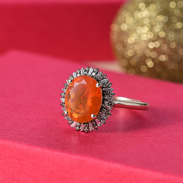 Luxoro AAA Buriti Fire Opal Natural Champagne And White Diamond I2 2.80 Ctw Sunburst Ring In 10K Yellow Gold (Del. In 10-12 Days)